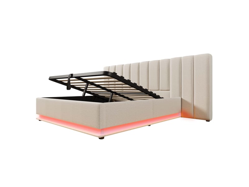  Lit rembourré 180x200 rayofi - coffre de rangement hydraulique, éclairage led 360°, ports usb-c et usb, matelas inclus, lin beige  - Conforama E
