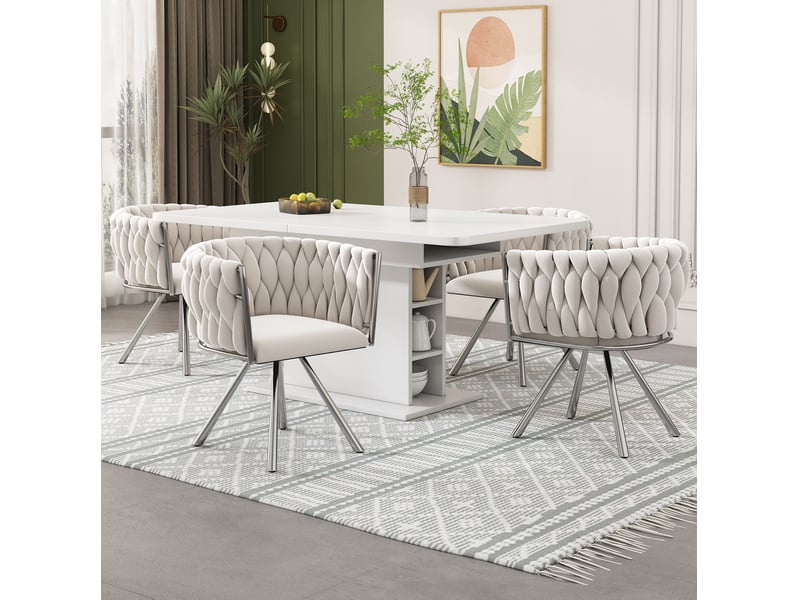  Chaise de salle à manger pivotante lot de 4, dossier incurvé, pieds métalliques, en velours beige et argenté  - Conforama B