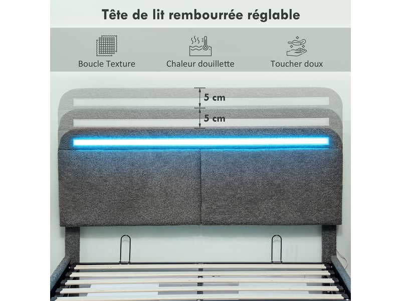  Lit coffre 140 x 190 cm avec éclairage led, tête de lit réglable, sommier à lattes en bois, cadre de lit double, gris  - Conforama R