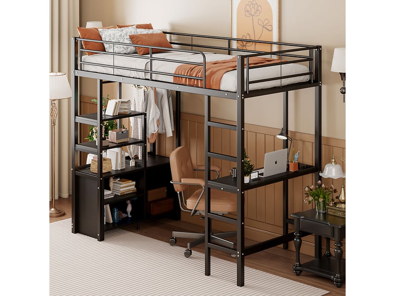  Lit mezzanine 90*200cm sans matelas, structure métal, bureau, prises usb, étagères, noir  - Conforama D