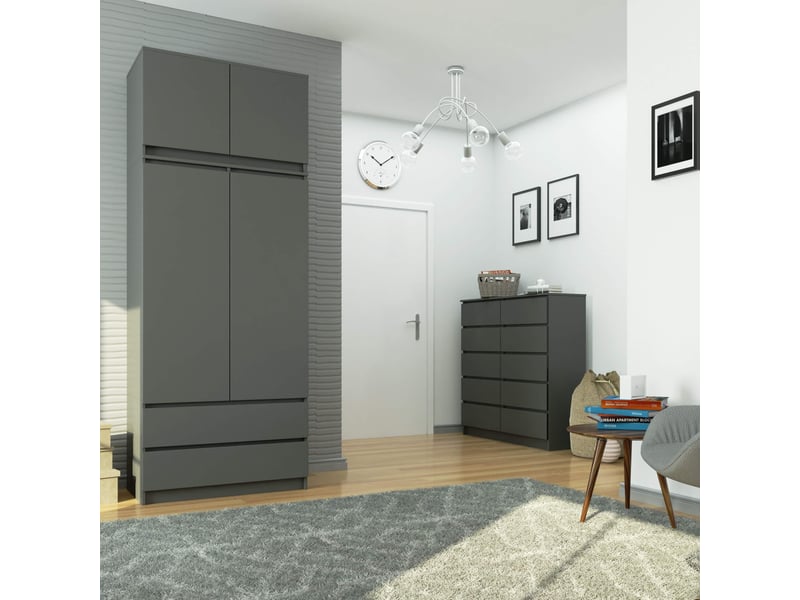  Armoire avec surmeuble akord s90 gris graphite 90 cm 2 portes 2 tiroirs façade gris graphite 6 étagères 90x51x234 cm  - Conforama E