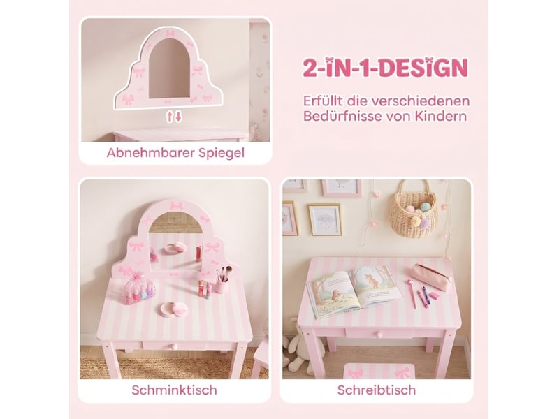  Coiffeuse enfant 2 en 1 55x34x82 cm rose en bois d'ingénierie, miroir amovible et tabouret pour fille de 3 à 6 ans  - Conforama E