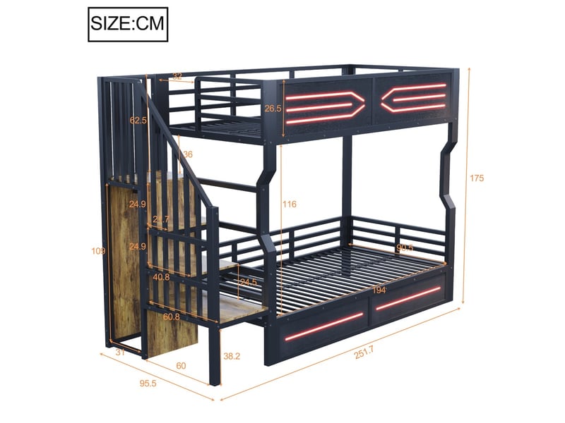 Lit superposé fer 90x200 cm rangement petit escalier armoire led garde-corps haut adolescent mezzanine noir  - Conforama C
