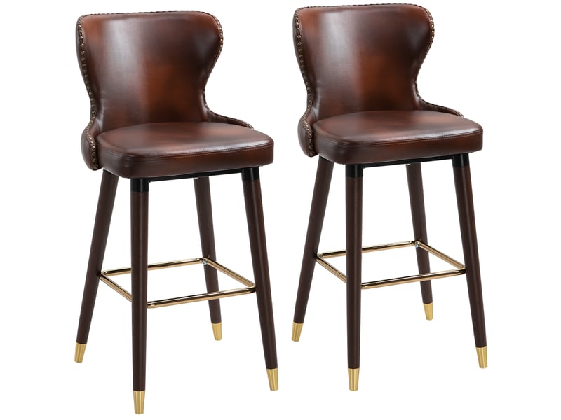  Tabourets de bar lot de 2 avec dossier et repose-pieds - lpospi - structure métal et pieds bois, simili cuir marron  - Conforama A