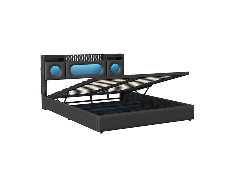  Lit 140x200cm - lit coffre 140x200cm - sommier relevable, tête de lit à rangement, led rgb, ports usbtype-c et prise eu - noir  - Conforama A