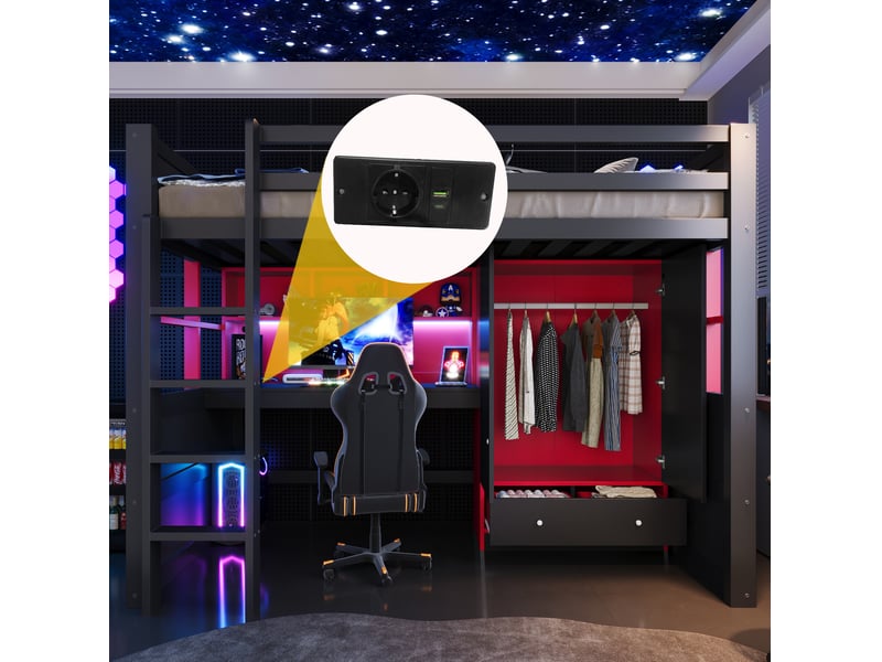 Lit mezzanine enfant 90x200 cm – noir et rouge – bureau, armoire, rangement, led et prises - sans matelas - Conforama E