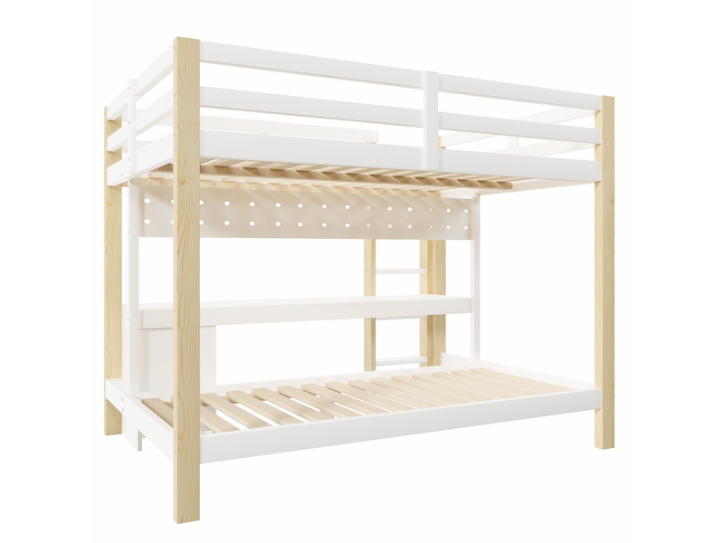  Lit mezzanine avec bureau, tiroirs, panneau perforé et led, pin, 90x200+140x200 cm  - Conforama E
