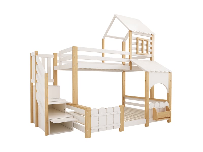  Lit superposé enfant,253x156x226 cm,avec escalier de rangement,blanc et naturel  - Conforama D
