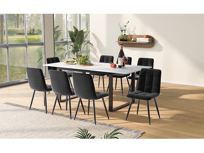  Ensemble table extensible et 8 chaises en velours gris, plateau mdf blanc, design moderne pour vos repas  - Conforama E