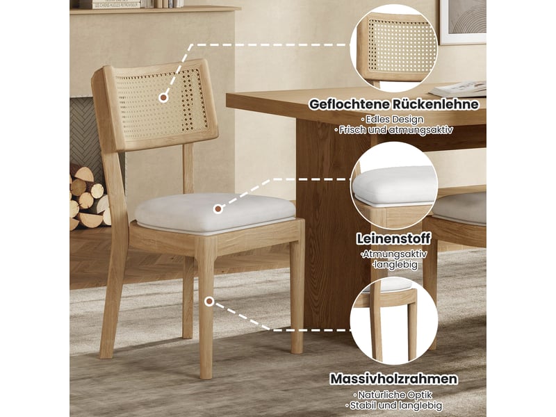  Lot de 4 chaises de salle à manger en bois massif et rotin, assise en lin N634P322954E-4 - Conforama D