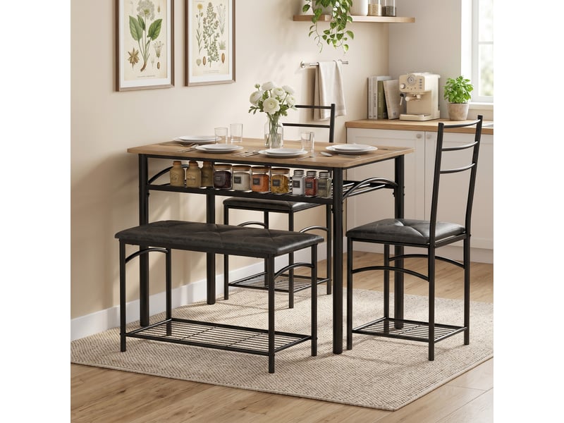  Ensemble salle à manger 4 pièces, table style industriel, 2 chaises, banquette 4 pers., similicuir marron.  - Conforama D