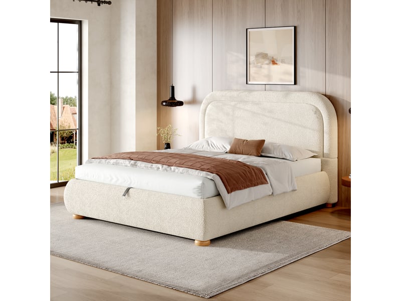  Lit double capitonné 140x190 cm beige en tissu bouclé avec sommier à lattes et rangement hydraulique  - Conforama B