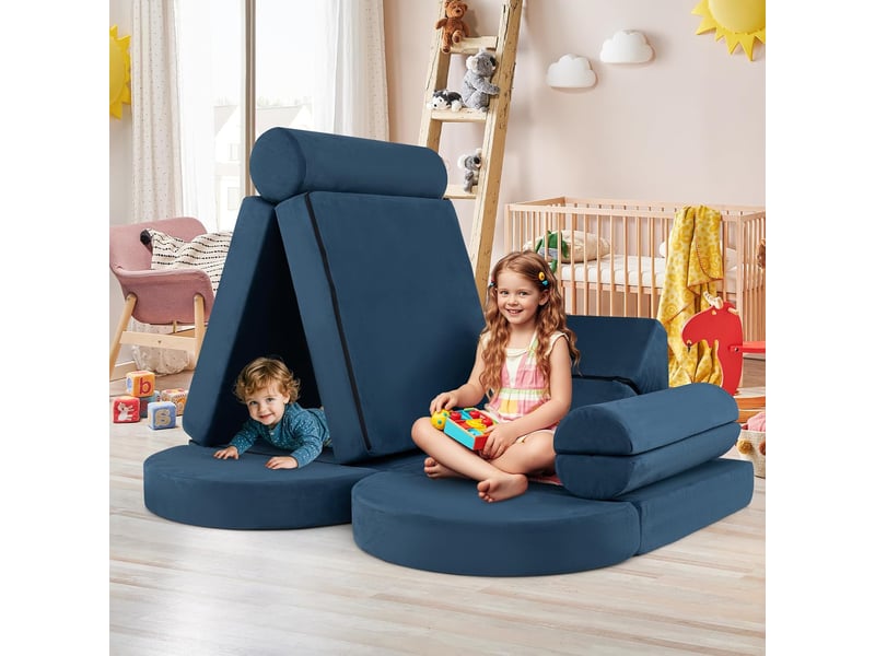 Canapé enfant convertible 13 pcs, blocs de construction en mousse, chauffeuse enfant 2 places transformable, possibilités de jeux infinies (bleu) - Conforama B