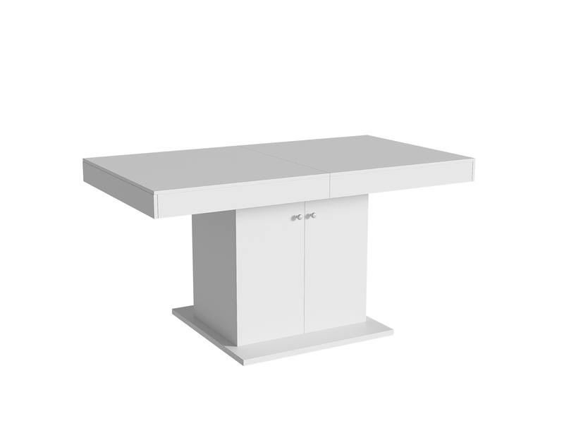  Table à manger rectangulaire extensible 140-180 x 80 cm avec rallonge automatique et grand rangement, plateau blanc, 4 à 8 places, design moderne  - Conforama A