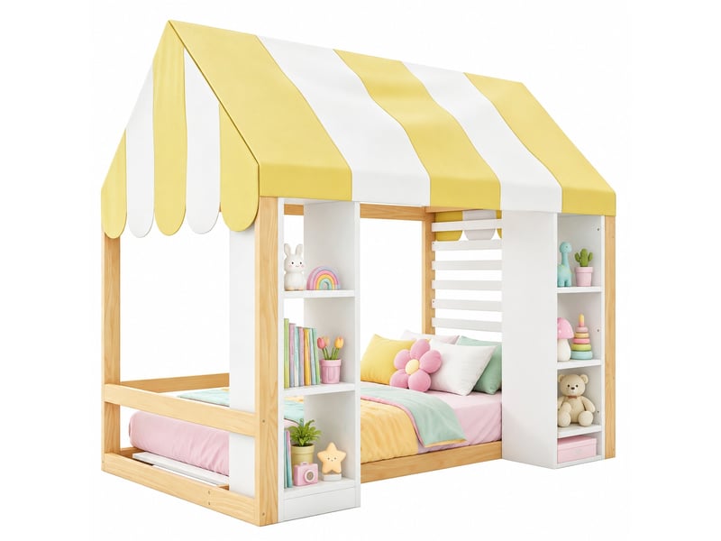  Lit mezzanine enfant modenvie 90 x 200 cm avec baldaquin et rangements ouverts en bois blanc et bois naturel  - Conforama A