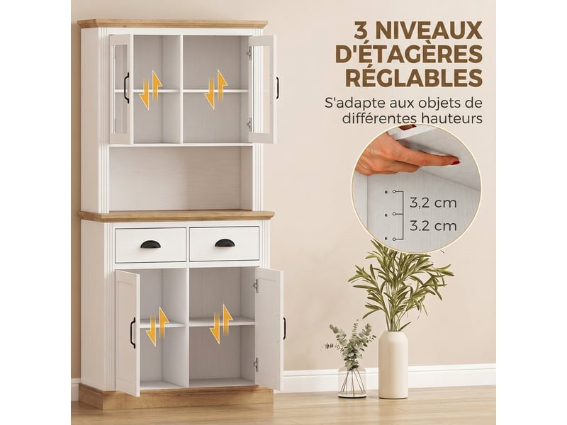  Buffet haut cuisine, armoire cuisine, 4 portes dont 2 en verre, 2 tiroirs, étagères réglables, plan de travail, blanc  - Conforama E
