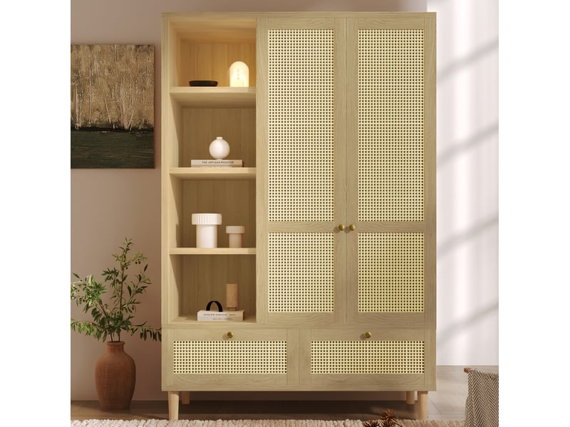 Armoire tcqpz 180 x 120 x 50 cm avec portes à motif rotin, étagères ouvertes, penderie et 2 tiroirs, style maison de campagne, bois clair - Conforama E