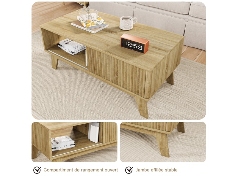  Table basse salon en bois ,table d'appoint avec porte coulissante,rangement, 95 x 41 x 48 cm,couleur bois naturel  - Conforama W