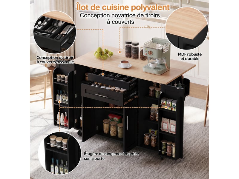  Îlot de cuisine avec espace bar, prises électriques, rangements, 120 x 60 x 91 cm, noir et blanc  - Conforama D