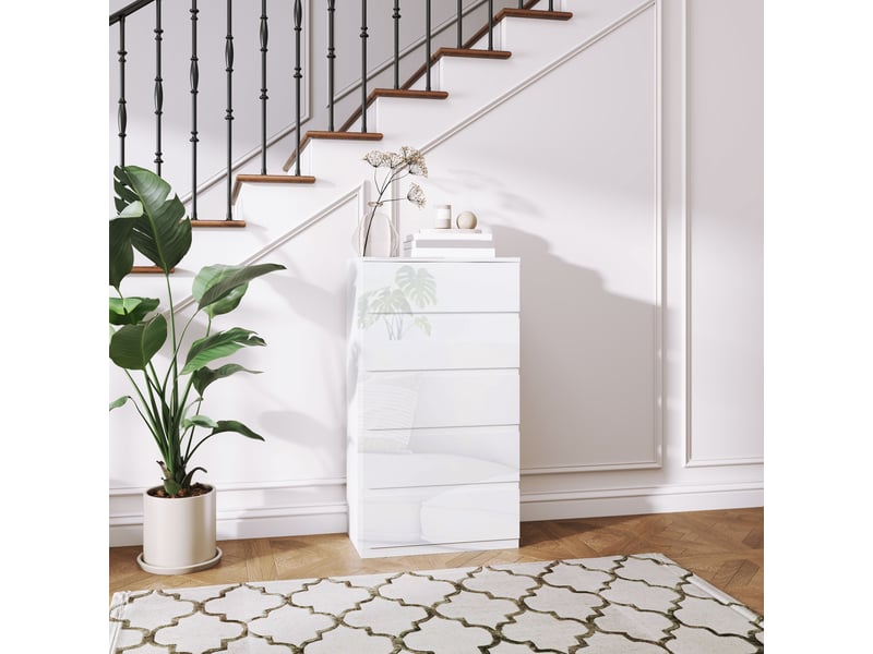  Commode moderne en bois à 5 tiroirs, anti-basculement, 55 x 33 x 100 cm, blanc brillant  - Conforama C