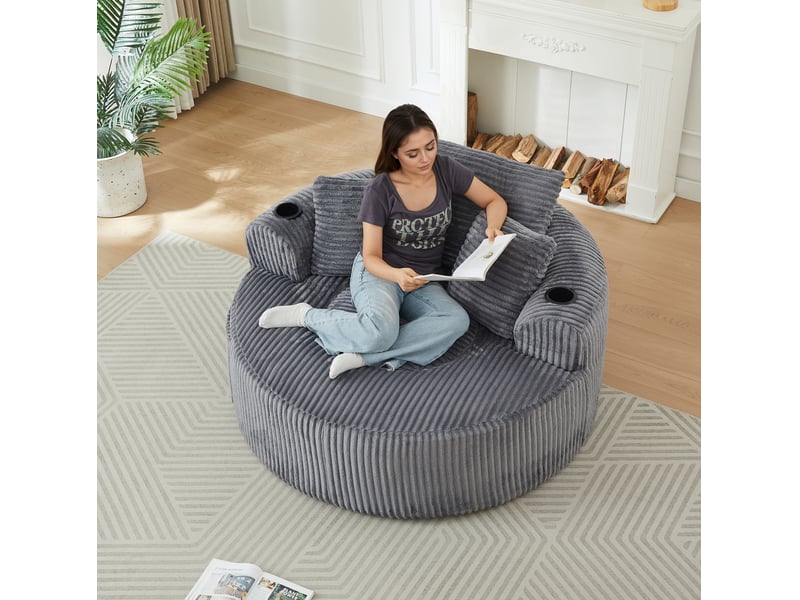  Fauteuil relax rond en velours côtelé gris – 1 place – 2 porte-gobelets – rangement latéral – 3 coussins  - Conforama E