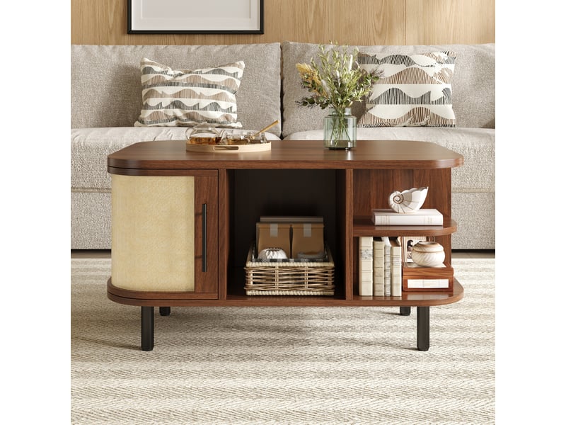 Table basse bois foncé 80 × 60 × 47 cm en mdf, avec portes, forme galbée, façades tressées, pieds métalliques  - Conforama E