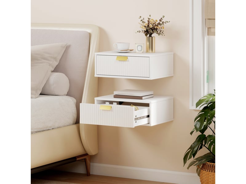  Lot de 2 tables de chevet murales, tables de nuit suspendues avec tiroir ondulé, 40 x 30 x 15 cm, blanc  - Conforama C