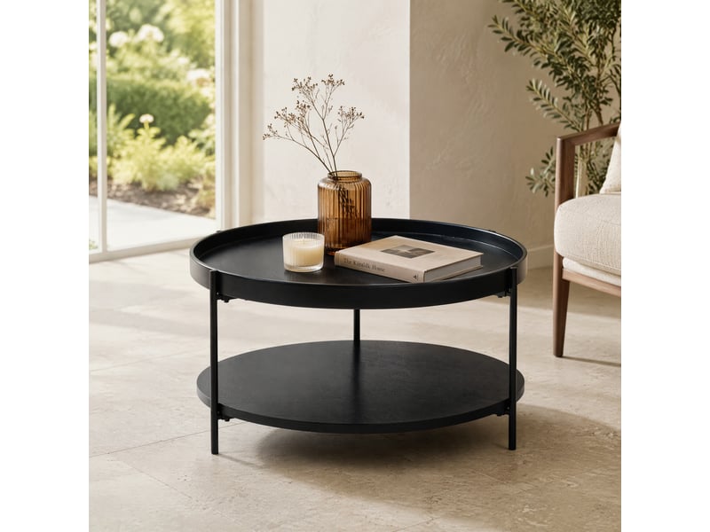 Table basse ronde avec 2 plateaux de rangement, style moderne, en bois et métal noir, noir, 69 × 69 × 38 cm - Conforama D