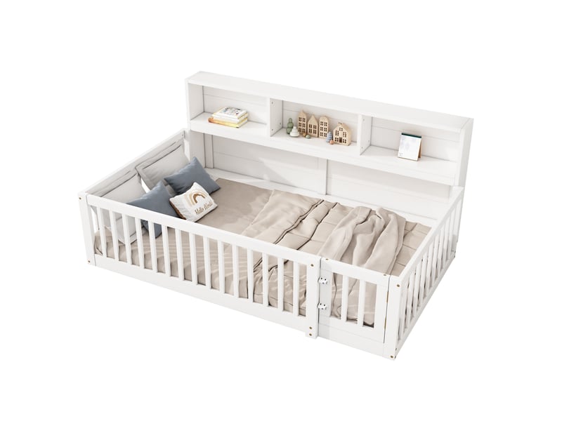 Lit banquette enfant 90 x 200 cm avec sommier, rangements et barrières, blanc - Conforama A