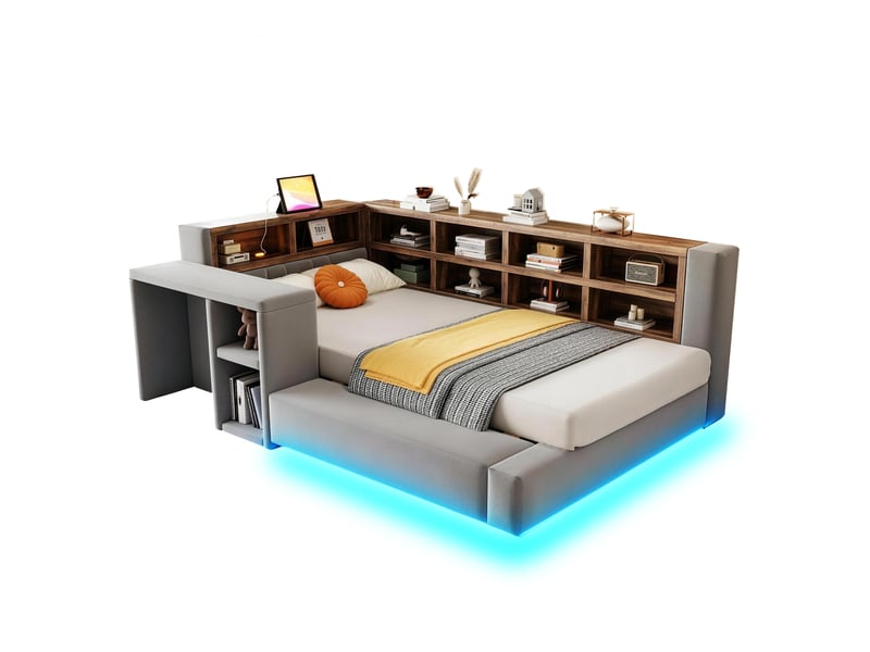  Lit simple 90x200 cm avec rangements et led, prises intégrées en velours gris foncé  - Conforama A