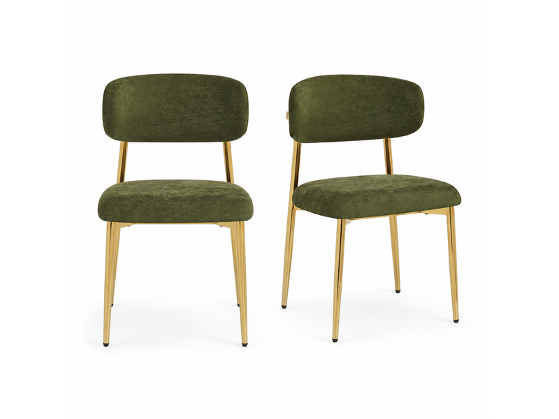  Lot de 2 chaises de salle à manger rembourrées vertes, dossier incurvé, pieds en métal doré, patins réglables, charge 125 kg, design moderne  - Conforama A