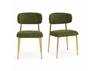 Lot de 2 chaises de salle à manger rembourrées vertes, dossier incurvé, pieds en métal doré, patins réglables, charge 125 kg, design moderne