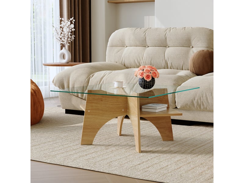  Table basse carrée en verre trempé avec 1 niche et plateau en mdf, style moderne, pour salon, 80 × 80 × 40 cm  - Conforama C
