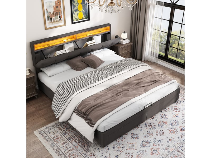  Lit coffre hydraulique 160x200 cm, lit 2 avec led et rangement, tête de lit rembourrée aspect lin, sommier à lattes - gris foncé (sans matelas)  - Conforama C