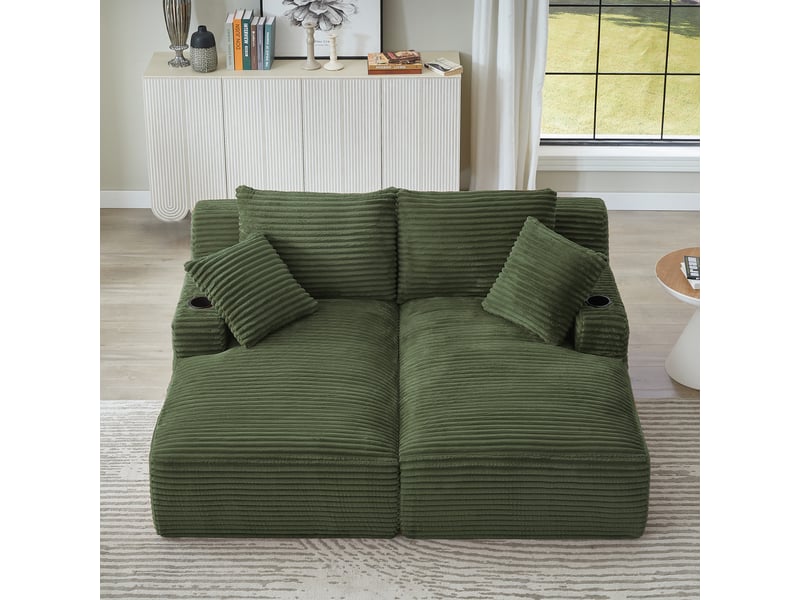  Canapé 2 places convertible en double méridienne, assise à ressorts, porte-gobelets, velours côtelé, vert OMNIGLINT TRADING LTD - Conforama B