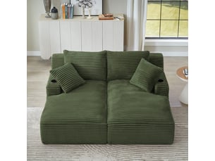 Canapé 2 places convertible en double méridienne, assise à ressorts, porte-gobelets, velours côtelé, vert
