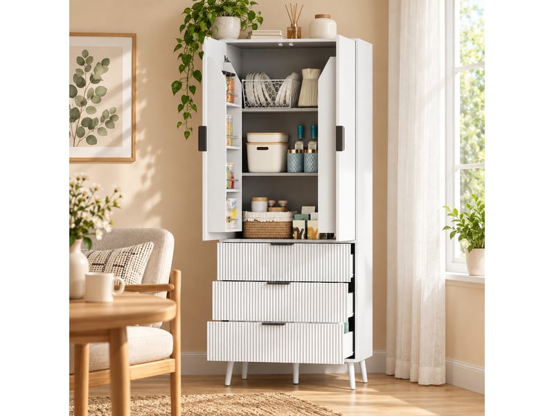  Buffet haut cuisine,2 portes battantes + 3 tiroirs,meuble de rangement ,décor blanc  - Conforama B