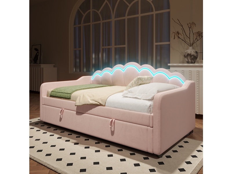  Lit coffre enfant 90x200cm avec éclairage led multicolore, design ondulé, velours, rose, sans matelas  - Conforama B
