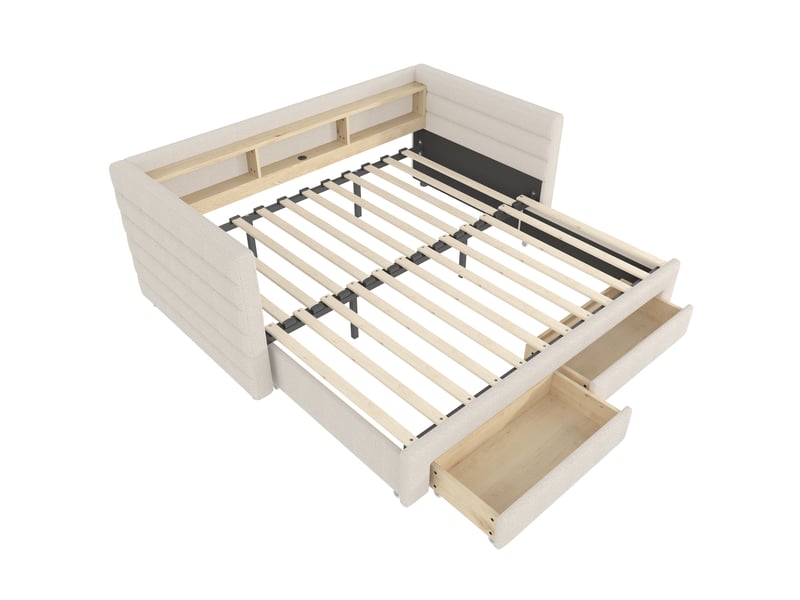  Lit de jour convertible, 90 × 190 cm, multifonctionnel, avec ports usb et type-c, deux tiroirs, plusieurs compartiments de rangement, éclairage led, sans matelas, velours, beige  - Conforama D