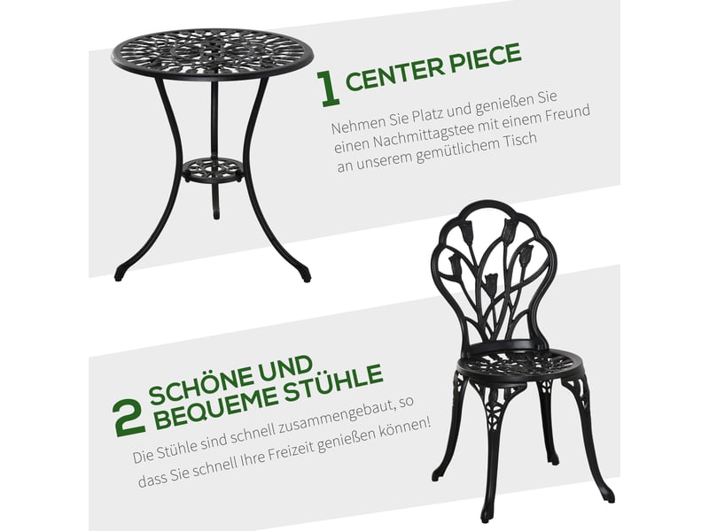  Salon de jardin,60x60x67 cm,2 personnes avec table ronde et 2 chaises,aluminium,noir  - Conforama E