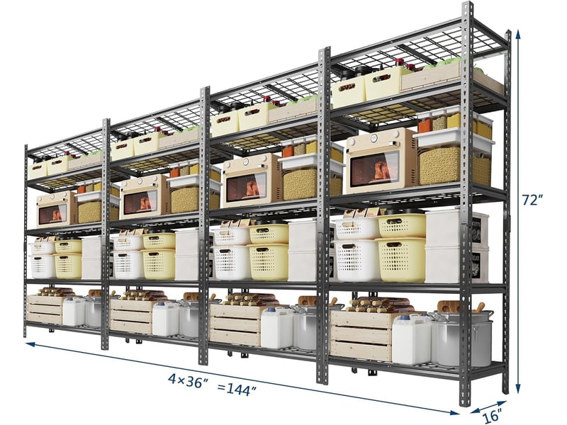 Lot de 4 étagères de rangement sur pied en métal robuste sans boulons - 5 niveaux réglables - garagecuisinegarde-91x 41 x 183 cm VAM_344NDHFB - Conforama E
