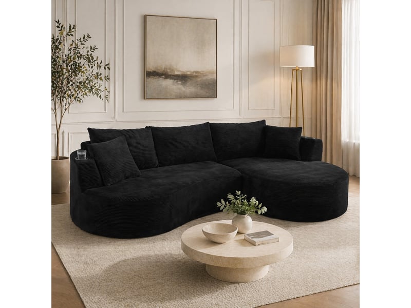 Canapé droit 3 places avec porte-gobelets et coussins - forme arrondie velours côtelé noir - Conforama B