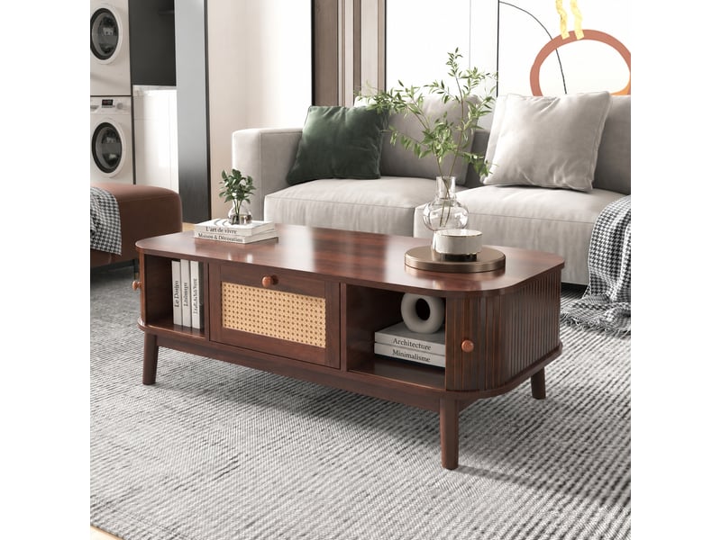 Table basse effet noyer avec portes coulissantes en rotin et tiroir, 110 x 55 x 38,5 cm  - Conforama D