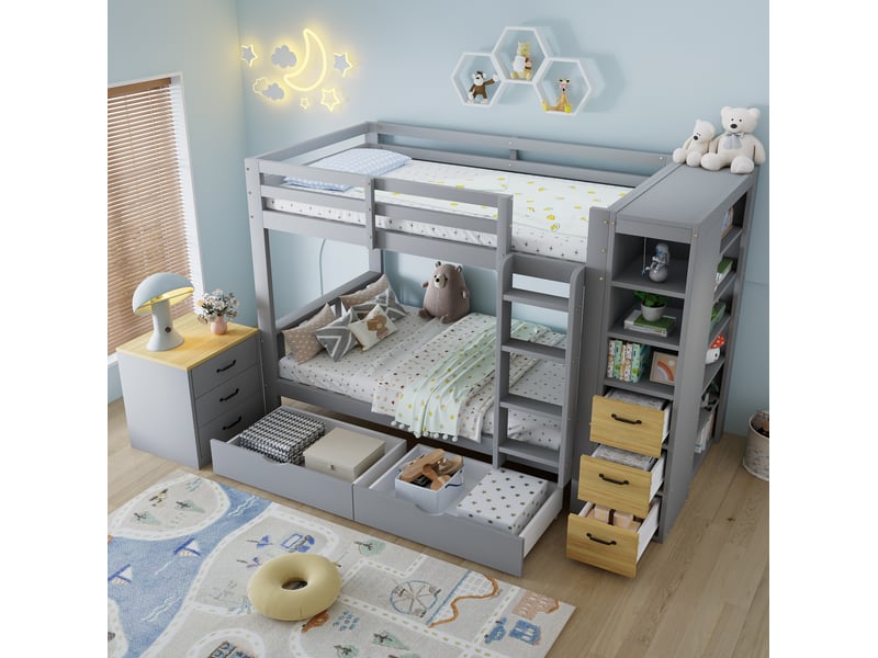 Lit superposé 90x200 cm avec rangements et table de chevet gris clair naturel - Conforama D