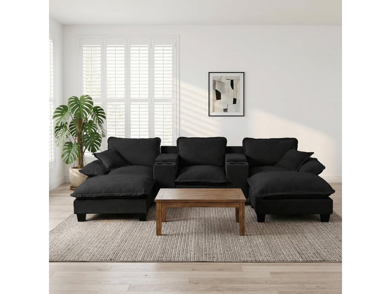  Canapé modulable en u modenvie 5 places en tissu chenille noir avec 2 ottomans, 2 coussins, usb, rangement et porte-gobelets, 323 x 155 x 90 cm  - Conforama D