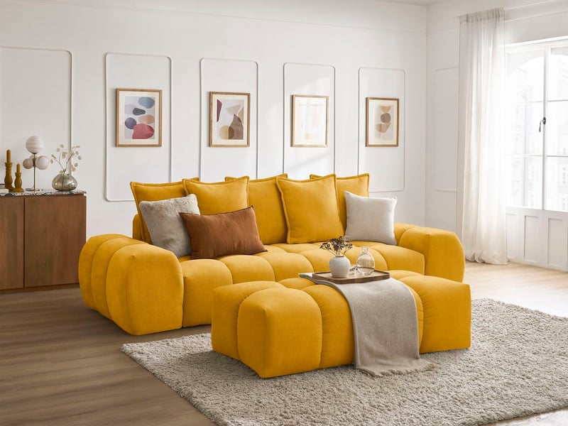  Bobochic canapé droit convertible coffre everest tissu texturé avec pouf jaune EVEREST - Conforama B