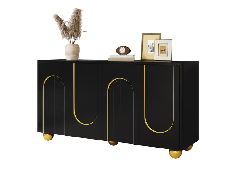  Buffet 4 portes 140 x 40 x 74 cm noir, décor arcs dorés et pieds en métal  - Conforama A