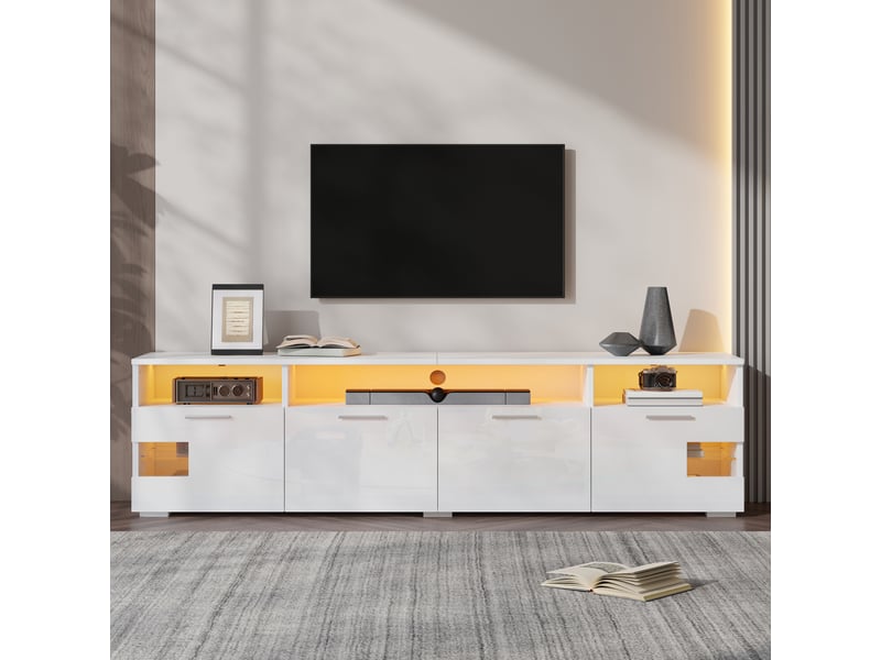  Meuble tv mural 180x35x45 cm - éclairage led contrôlable par application - mdf et panneaux de particules - blanc CozyNest - Conforama B