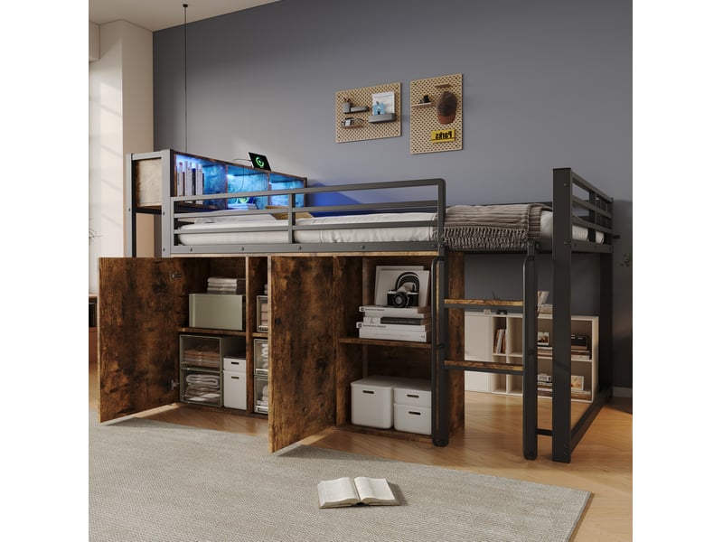  Lit mezzanine 120x200 cm avec rangement, led et prise, noir décor bois  - Conforama D