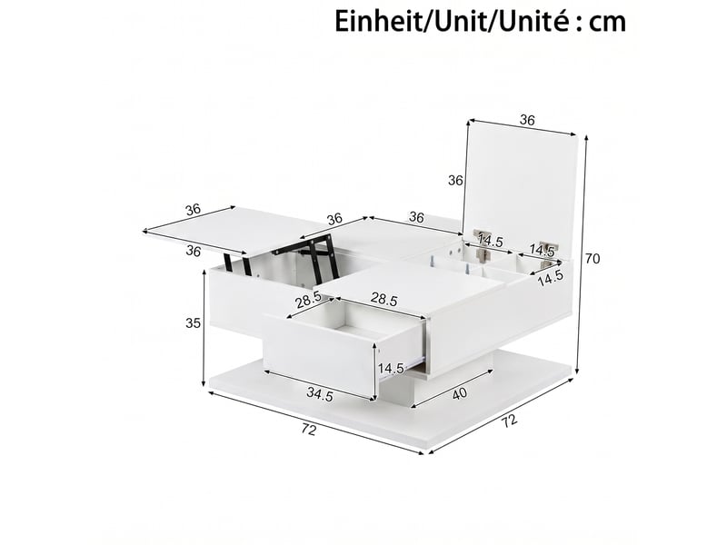  Table basse relevable 72x72x35 cm, tiroirs, plateau à abattant, led app, finition haut‑brillante, mdf, blanc  - Conforama C
